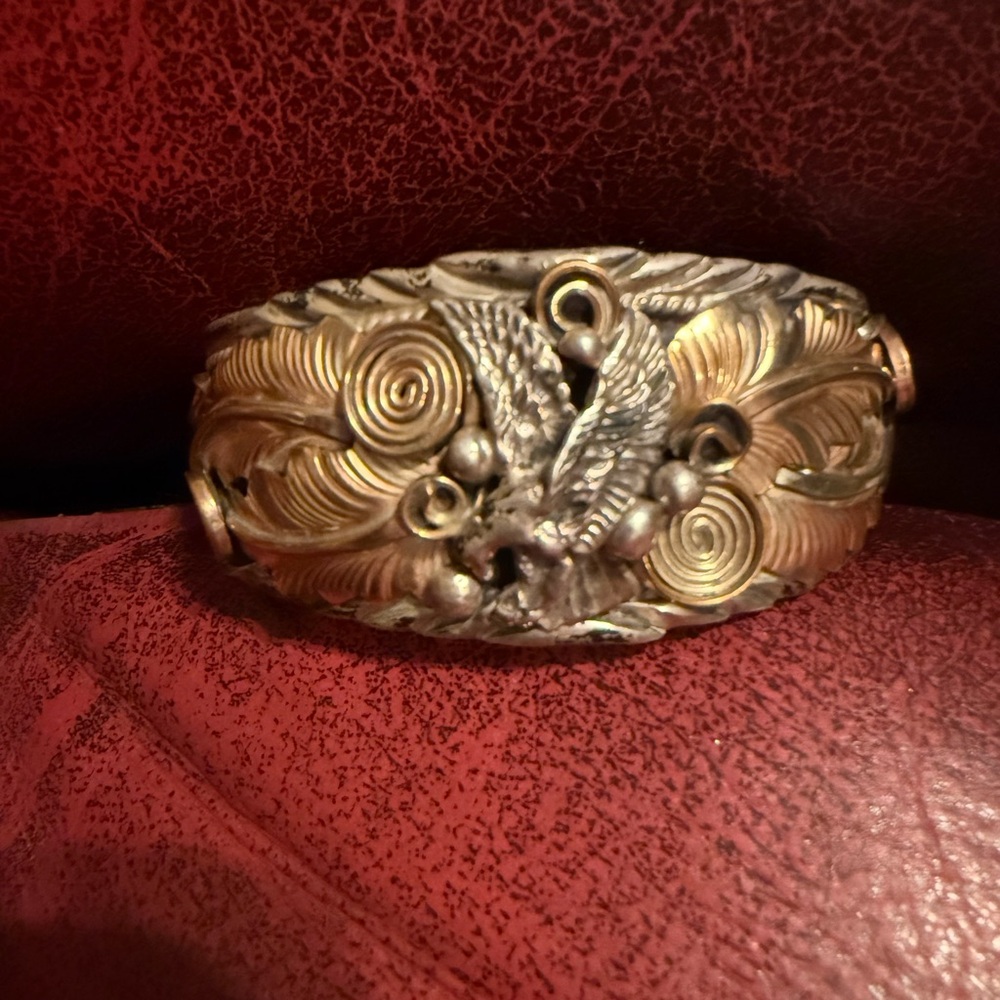 CHEE Native American Navajo Sterling Silver & Gold Appliques Eagle Cuff Bracelet